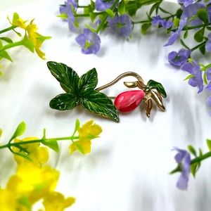 Vintage Enamel Floral Brooch Gold Tone